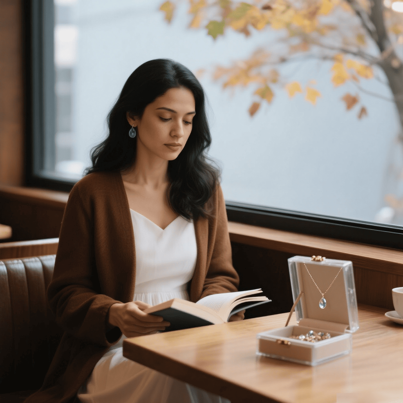 Woman reading a book while wearing elegant jewelry that symbolizes an emotional connection with jewelry