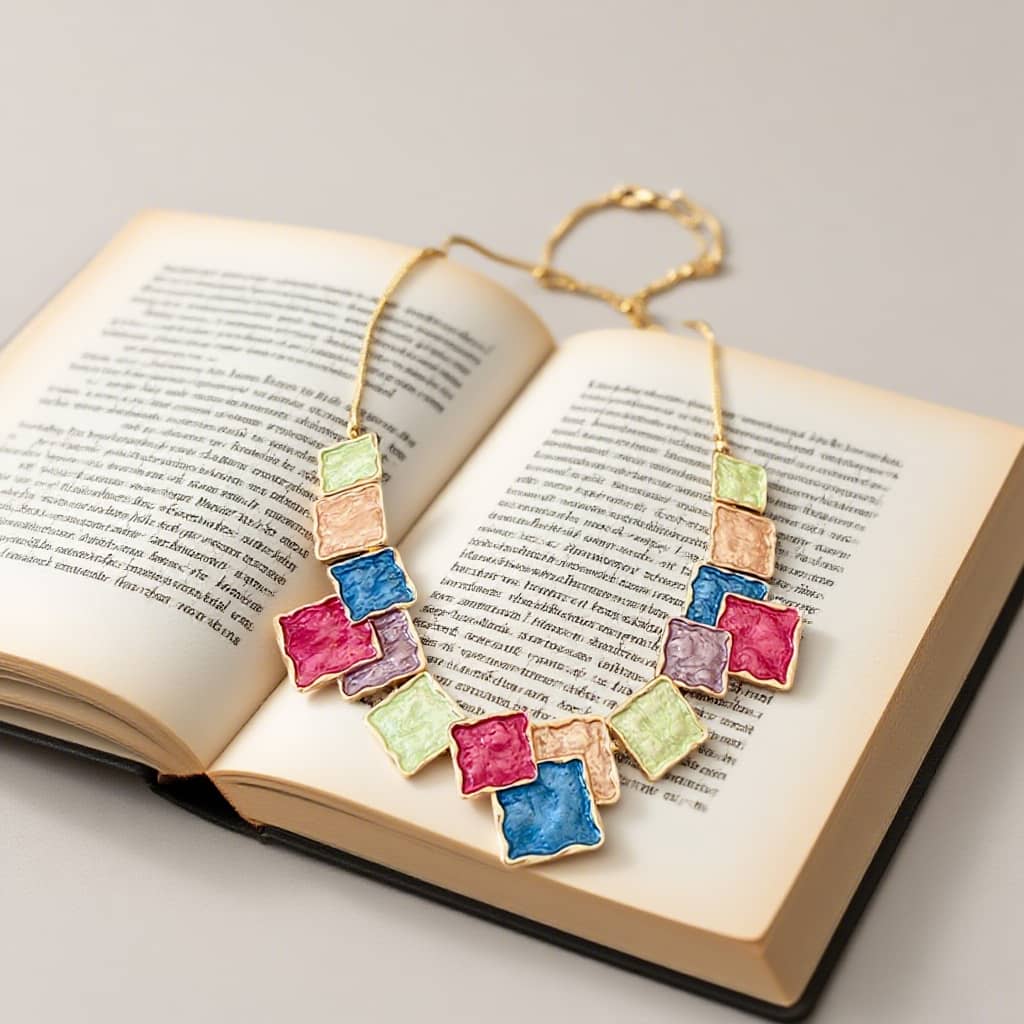 Joy Collection colorful necklace displayed on an open book about ways to reconnect with happiness