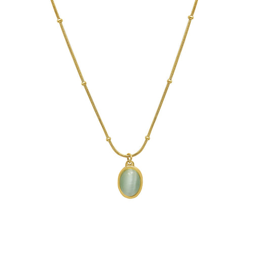 Elegant 18K gold green cat's eye necklace with oval pendant and delicate chain design