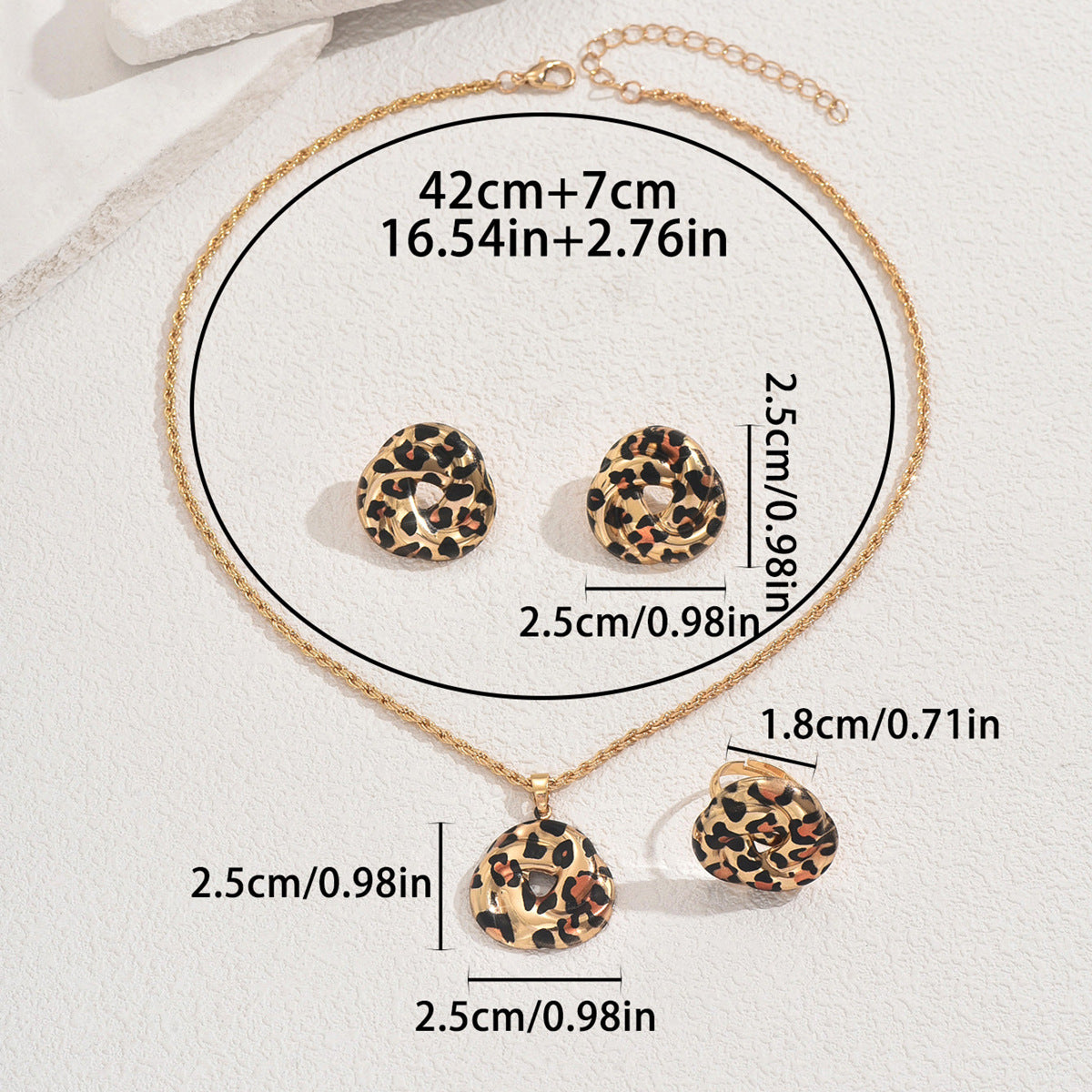 geometric leopard jewelry set gold necklace with matching stud earrings leopard print pendants