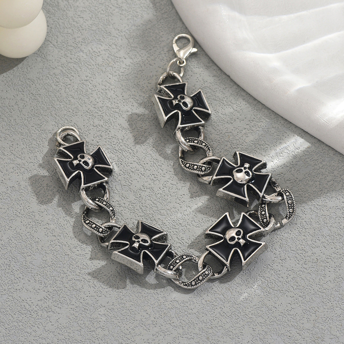 black skull cross bracelet silver tone chain with black enamel crosses and skull centers lobster clasp gothic style