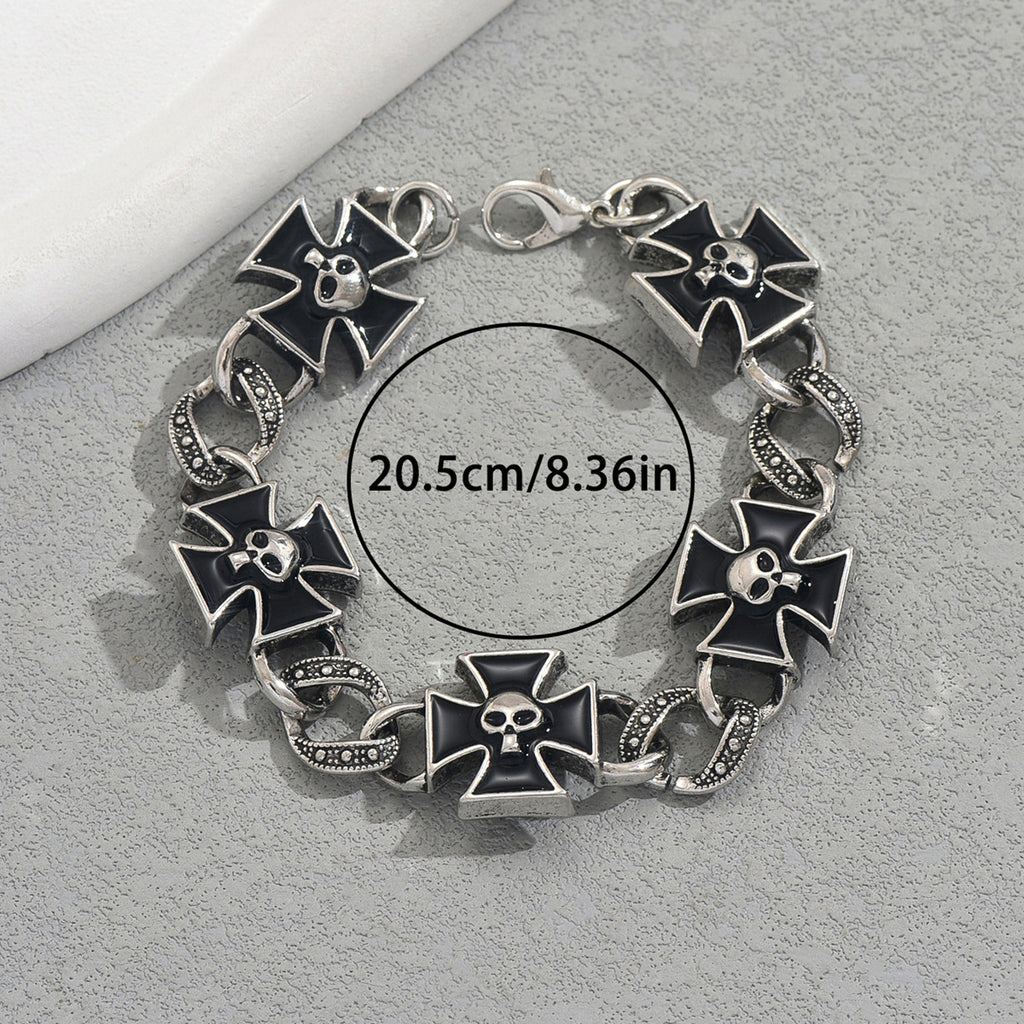 black skull cross bracelet with silver Maltese cross links skull centers chain detail lobster clasp durable gothic style