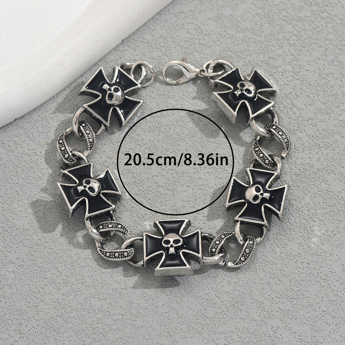 black skull cross bracelet with silver Maltese cross links skull centers chain detail lobster clasp durable gothic style