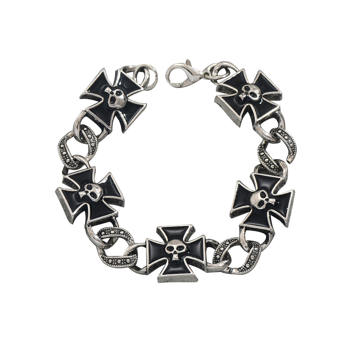 Silver chain jewelry with black skull cross bracelet design featuring enamel crosses and lobster clasp