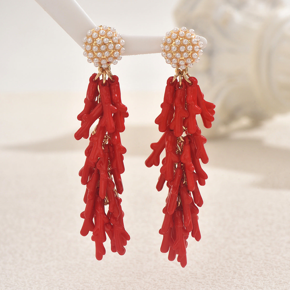 Pearl cluster stud red coral tassel earrings with cascading branchlike coral drops for statement looks