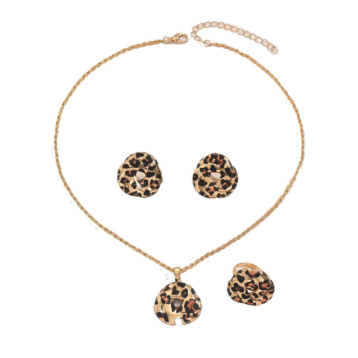 Gold necklace with round leopard print pendant matching earrings and ring geometric leopard jewelry set