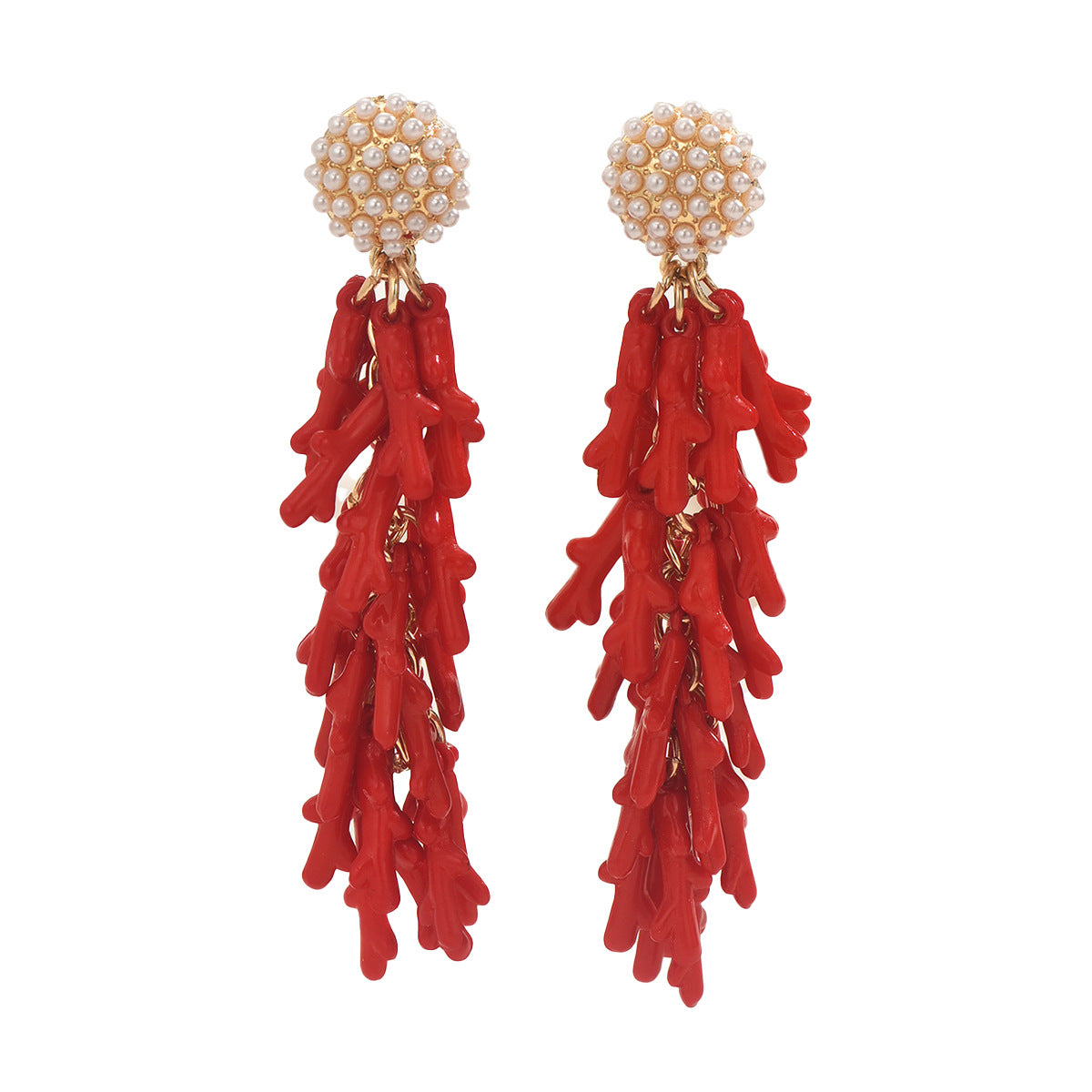 Pearl stud top with long red coral tassel earrings featuring gold accents and coral branch charms