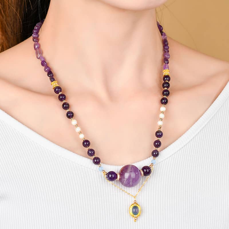 Anxious Necklace featuring amethyst pearl aquamarine jewelry with gold accents and elegant design