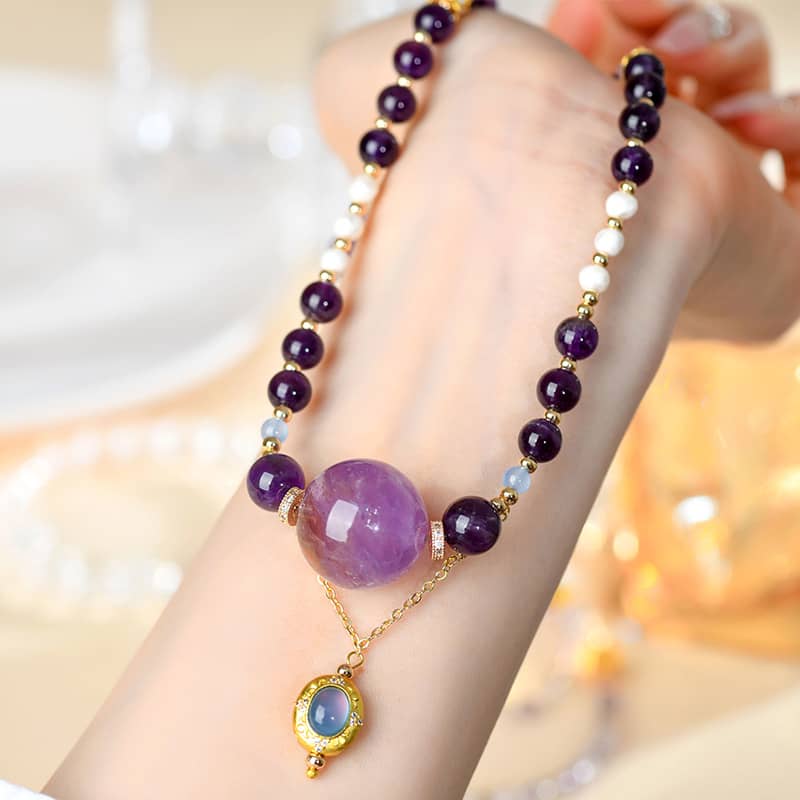 Elegant amethyst pearl aquamarine jewelry necklace featuring a beautiful gemstone design