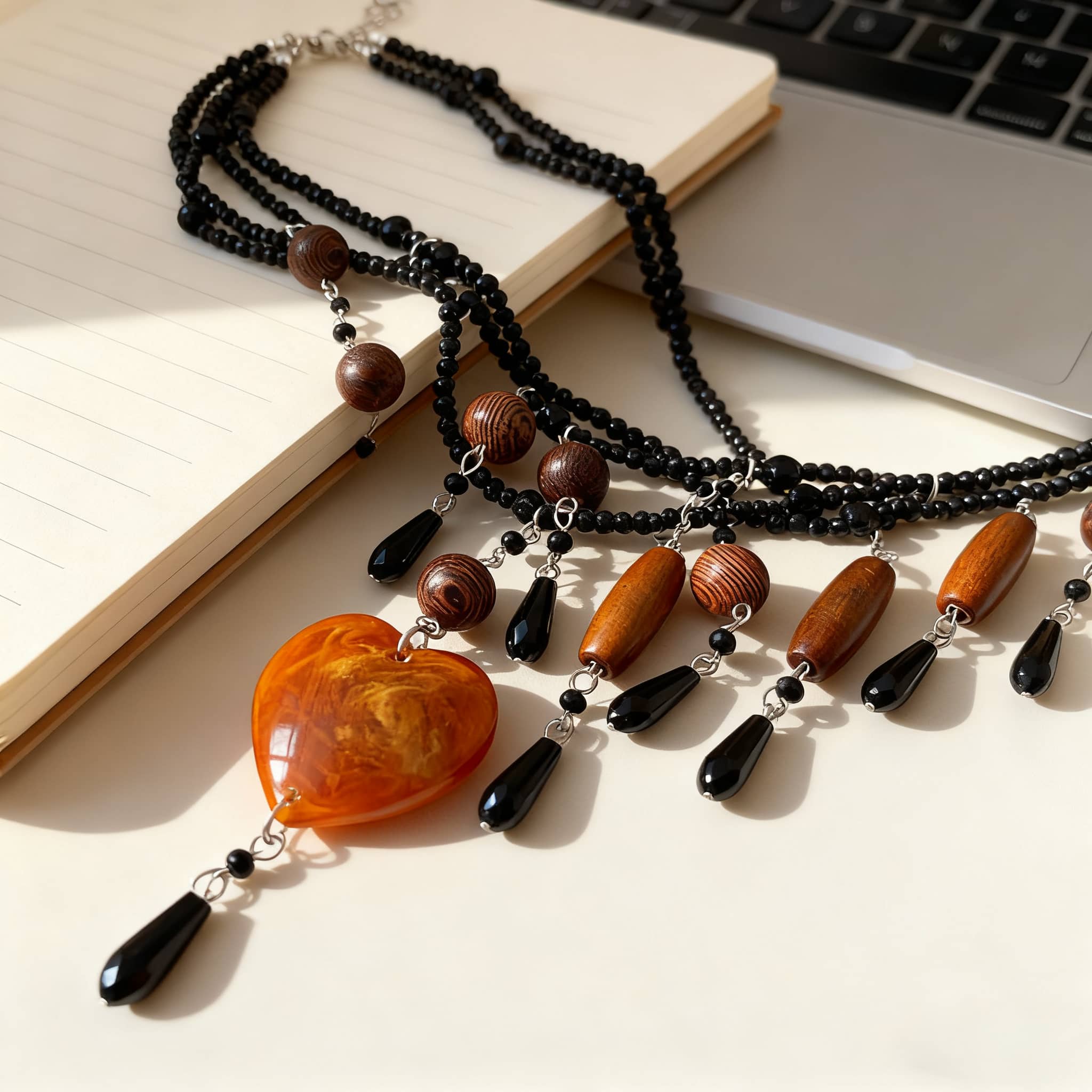 Angry heart resin necklace with black beads and wooden accents for a unique fashion statement