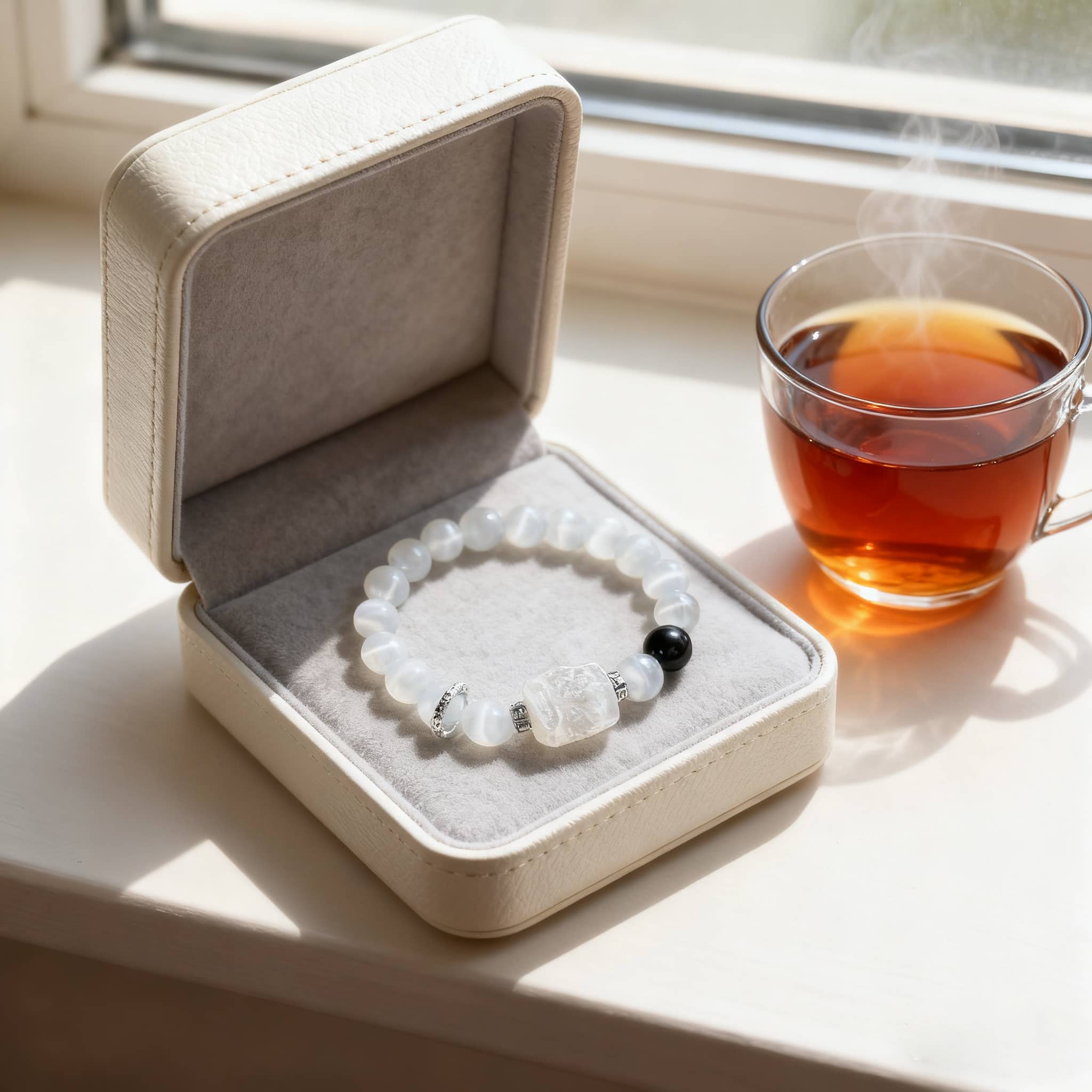 Anxiety relief bracelet displayed in a jewelry box next to a cup of tea for stress relief