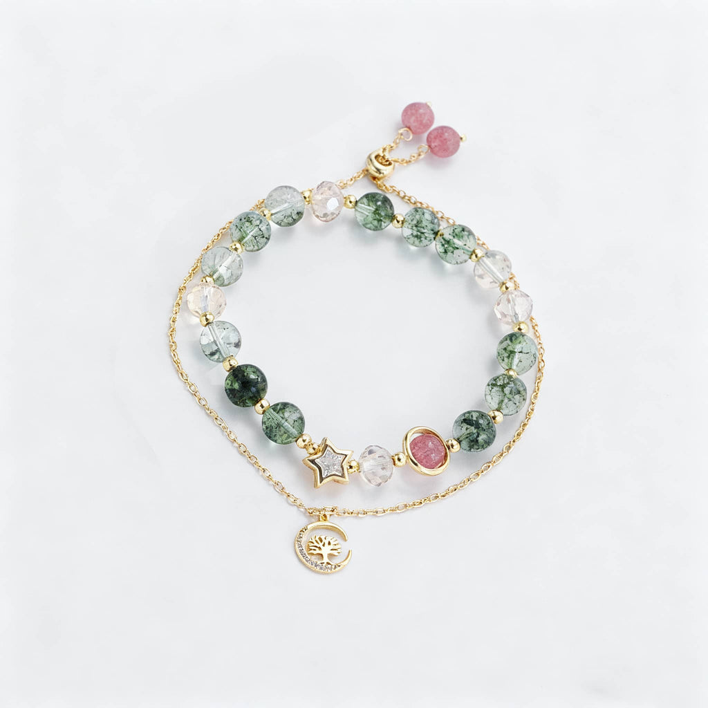Anxiety relief crystal bracelet with multi-colored beads and gold charms from 5 Senses