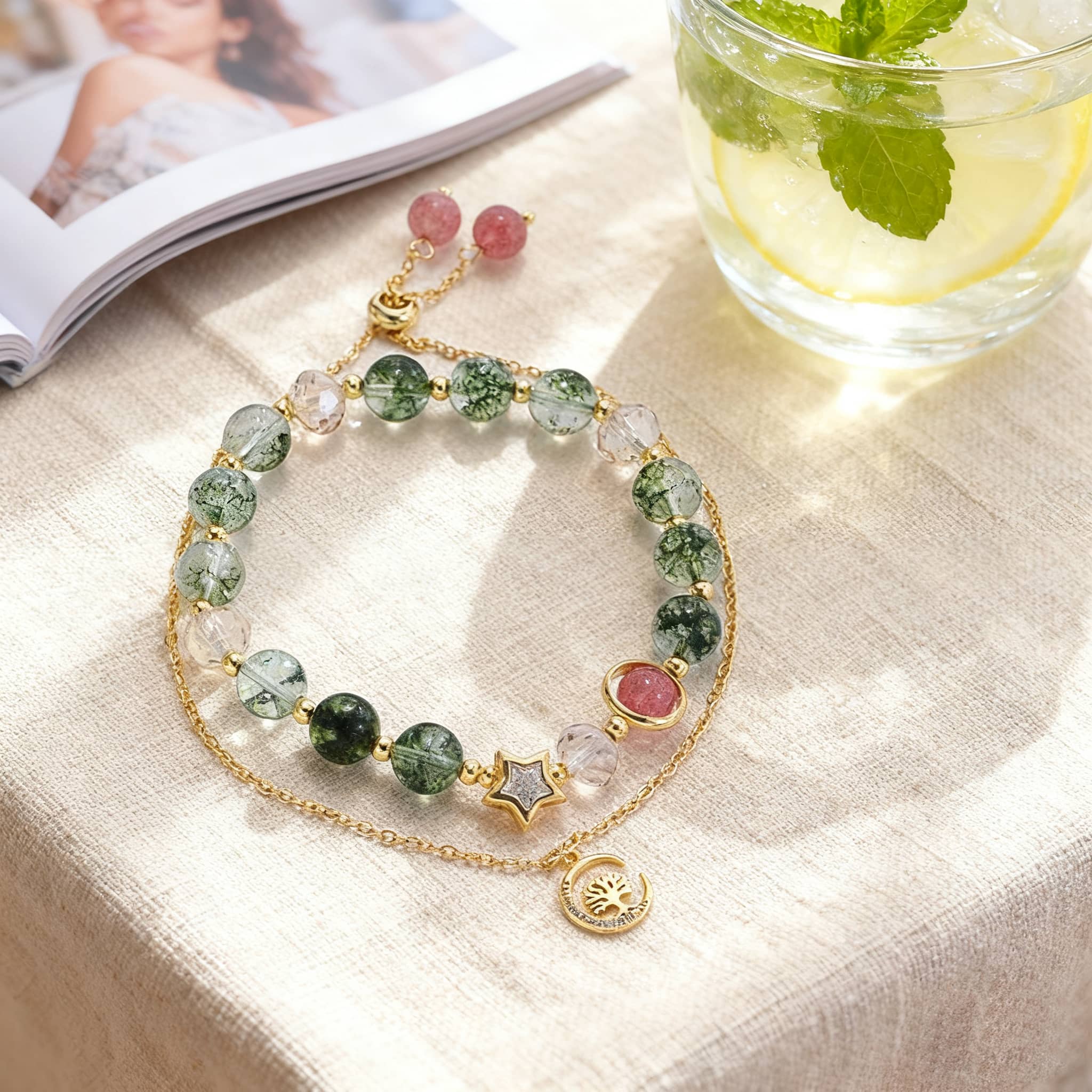 Anxiety relief crystal bracelet with colorful gemstones and golden charm for stress reduction