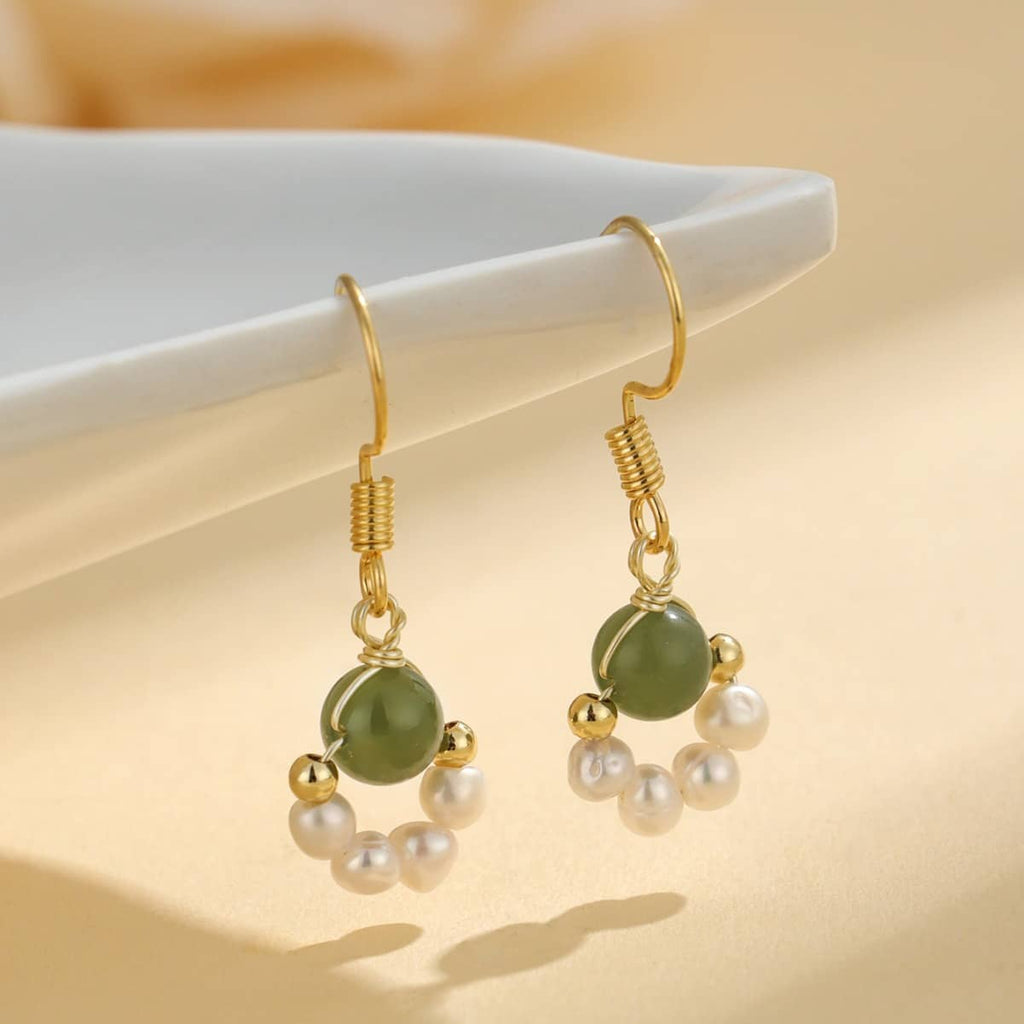 Anxiety relief jade pearl earrings in gold finish with elegant design for calming effects