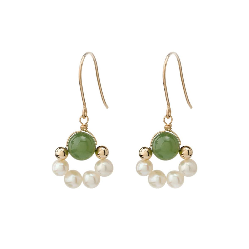 Anxiety relief jade pearl earrings with gold accents and dangling pearls for stylish comfort