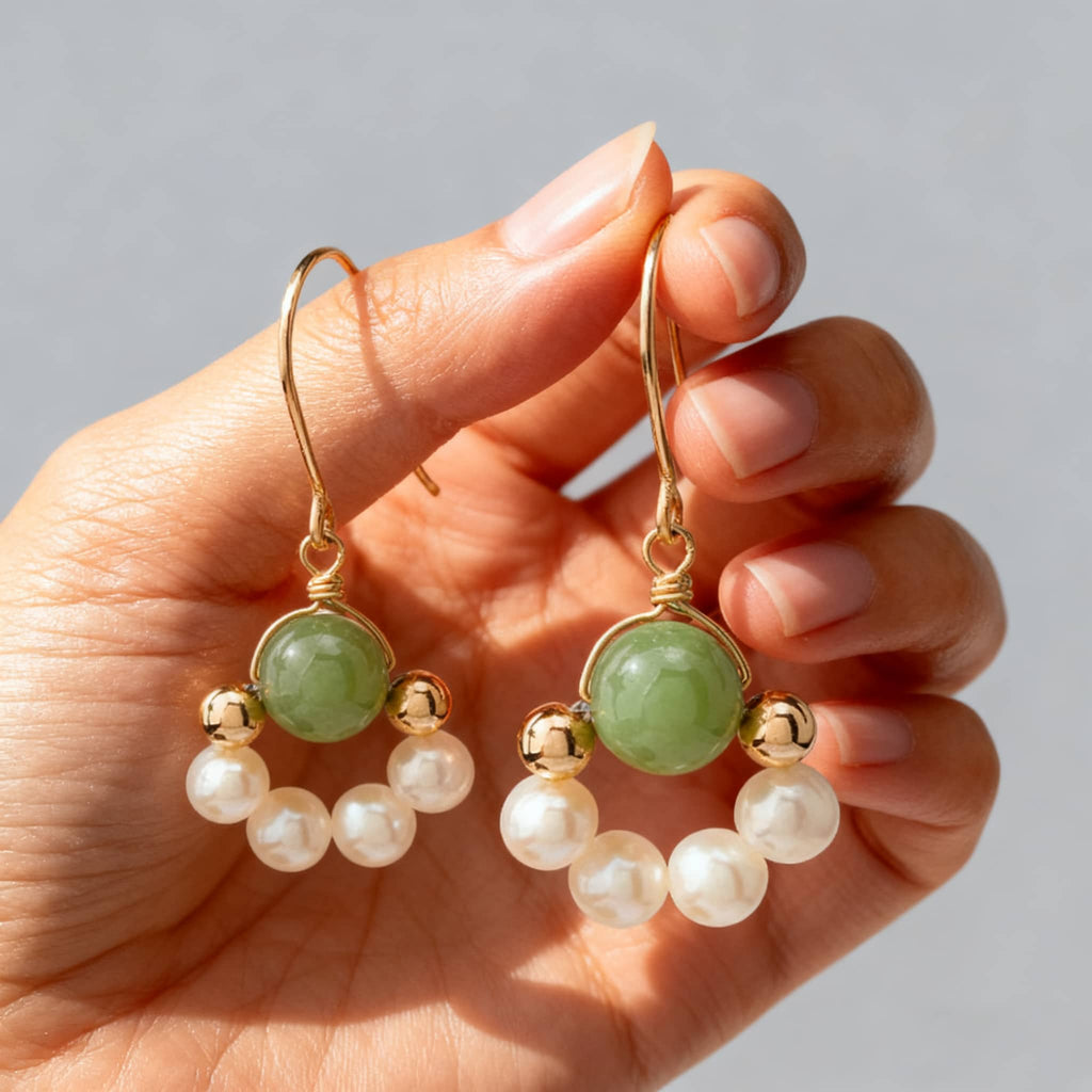 Anxiety relief jade pearl earrings designed with gold accents and elegant beads for calming style