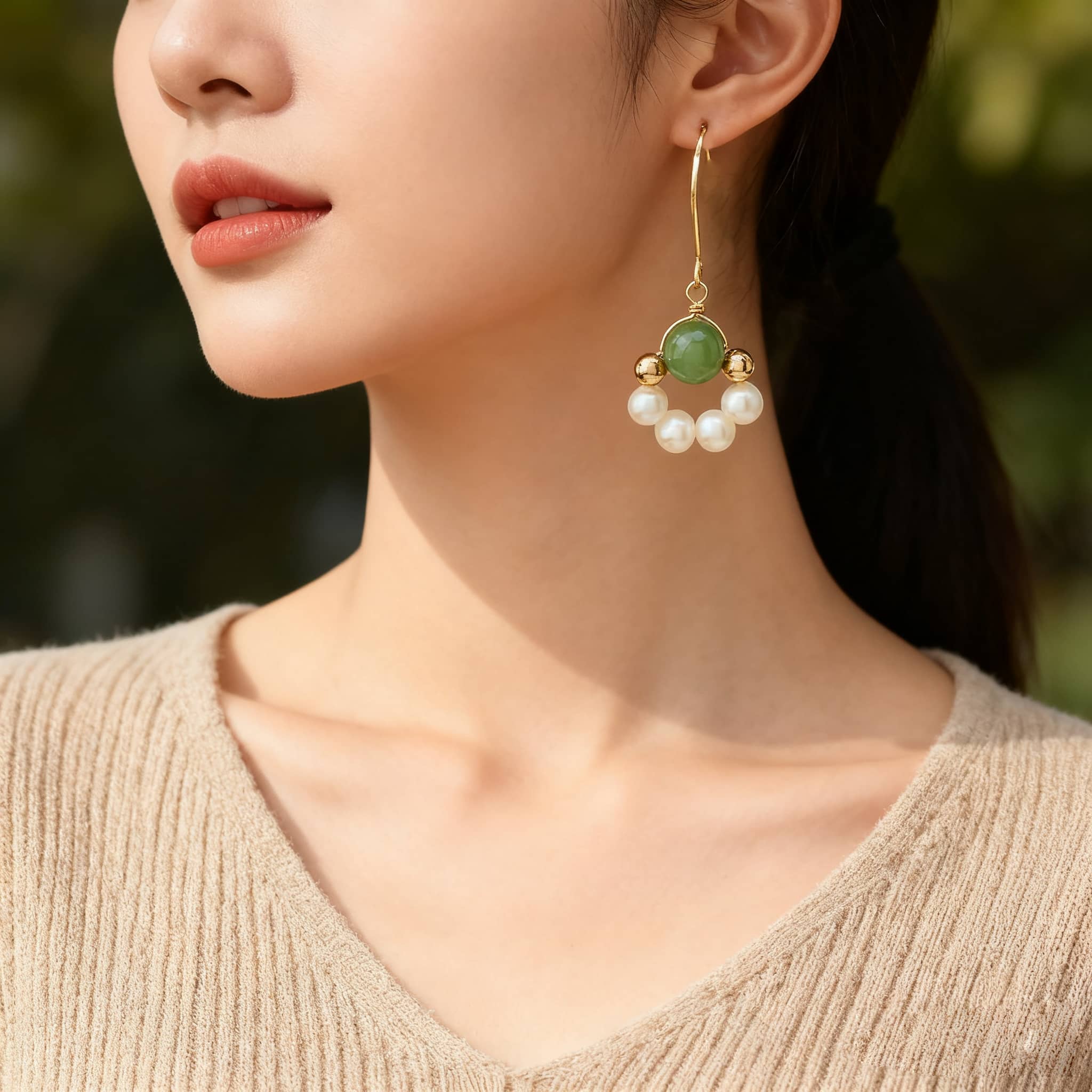 Handcrafted anxiety relief jade pearl earrings with natural stones for calming energy