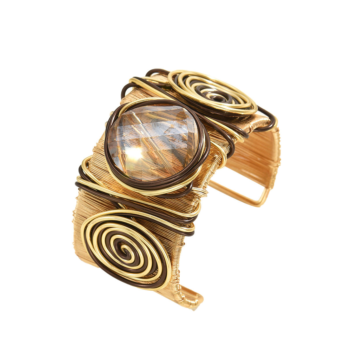 Gold wire wrapped bold gemstone cuff bracelet with faceted smoky quartz center and spiral wire accents
