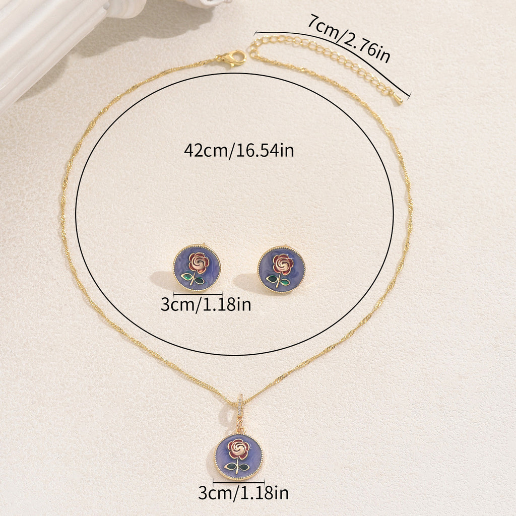 Purple flower jewelry set for women gold necklace and matching stud earrings with round purple rose pendants