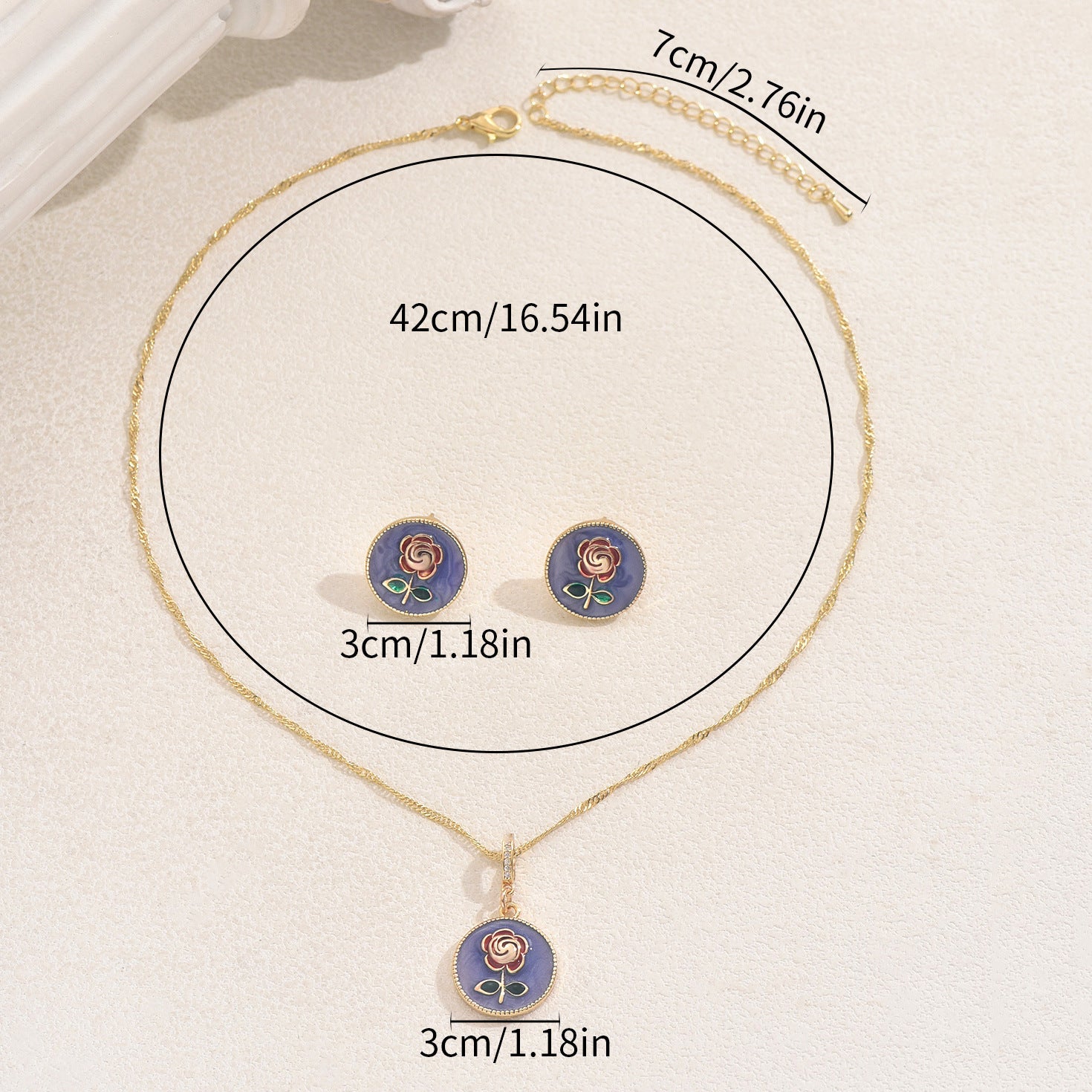 Purple flower jewelry set for women gold necklace and matching stud earrings with round purple rose pendants