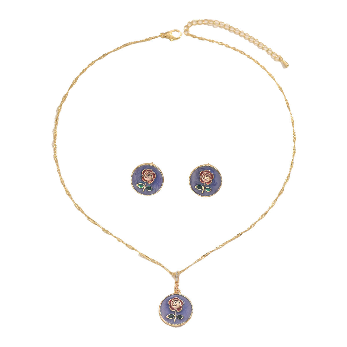 Purple flower jewelry set for women gold necklace and matching stud earrings with purple enamel rose pendants