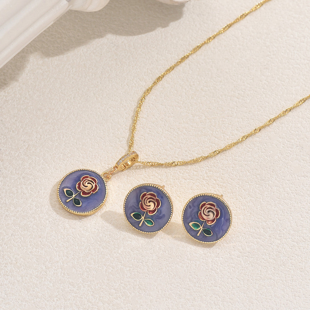 Gold twisted chain necklace and matching round purple enamel rose stud earrings purple flower jewelry set for women