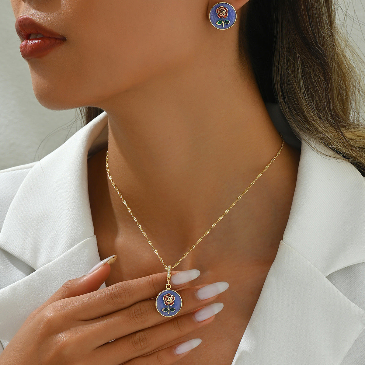 Elegant gold chain necklace with enamel purple flower pendant and matching stud earrings purple flower jewelry set for women