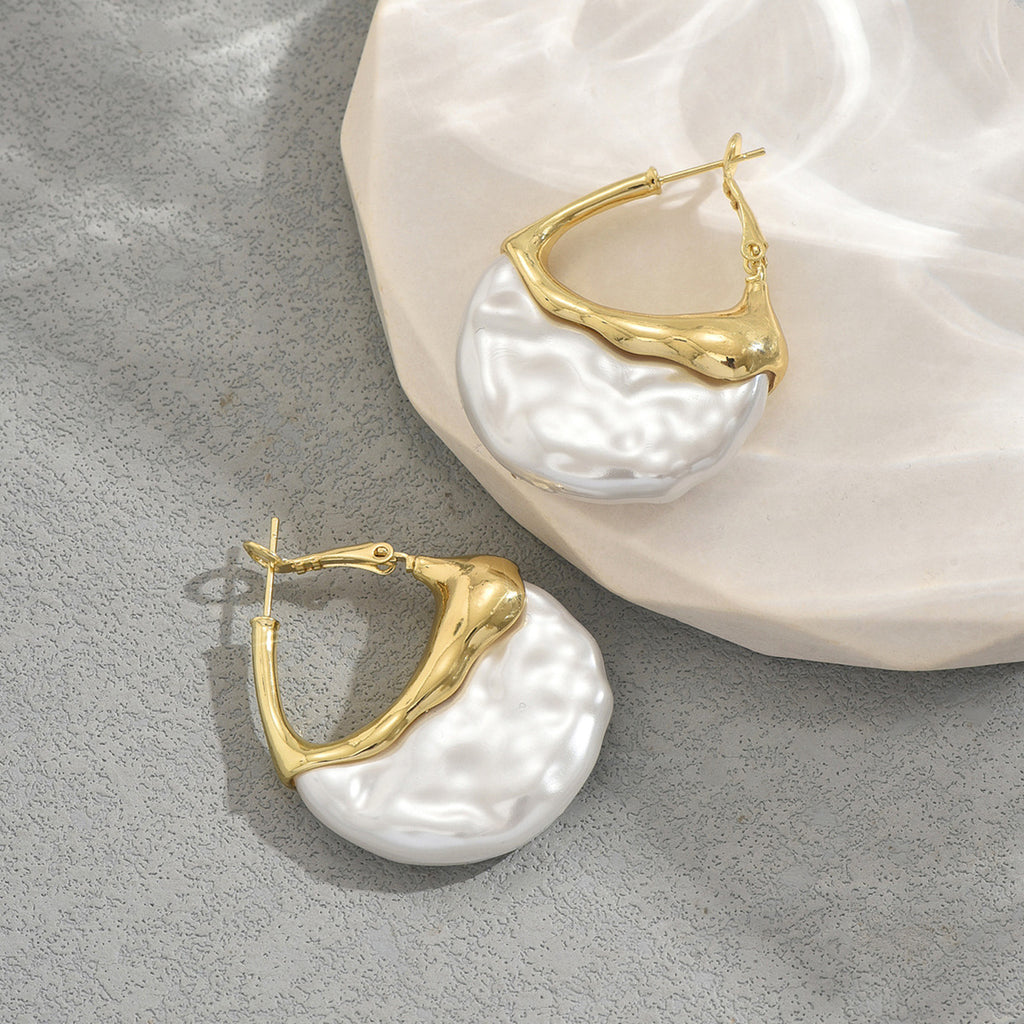 Gold hoop Calm earrings with large textured baroque pearl discs elegant pearl earrings for women