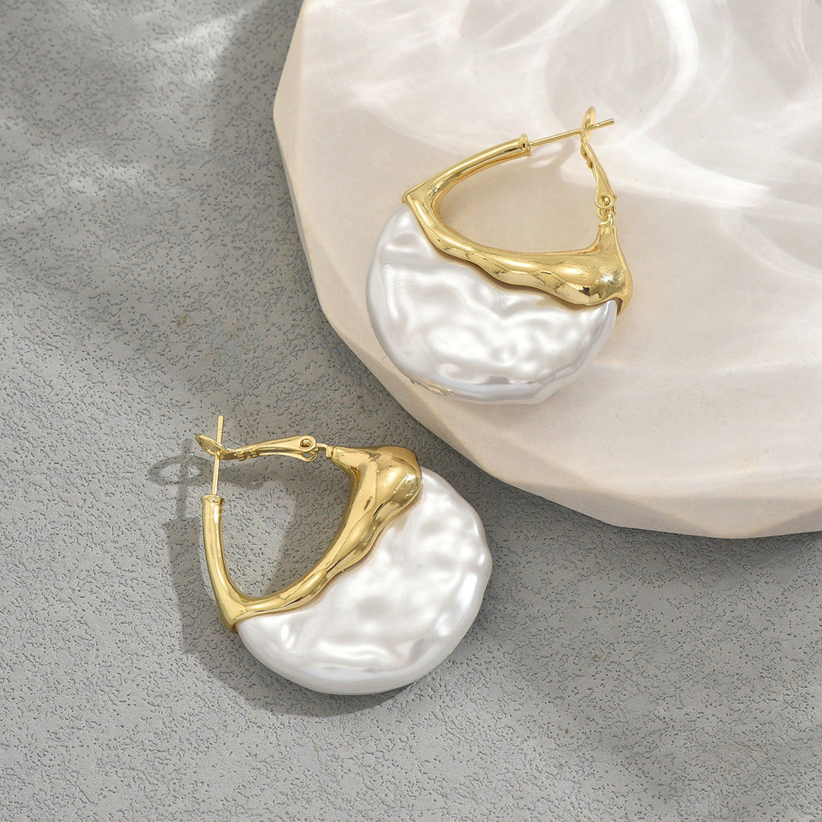 Gold hoop Calm earrings with large textured baroque pearl discs elegant pearl earrings for women