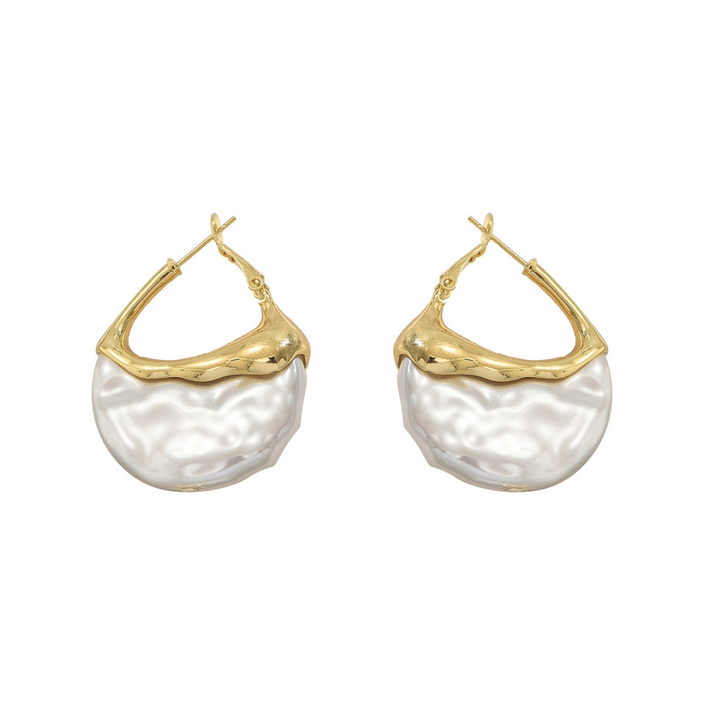Elegant pearl earrings for women gold hoop with irregular white baroque pearls and hinged closure
