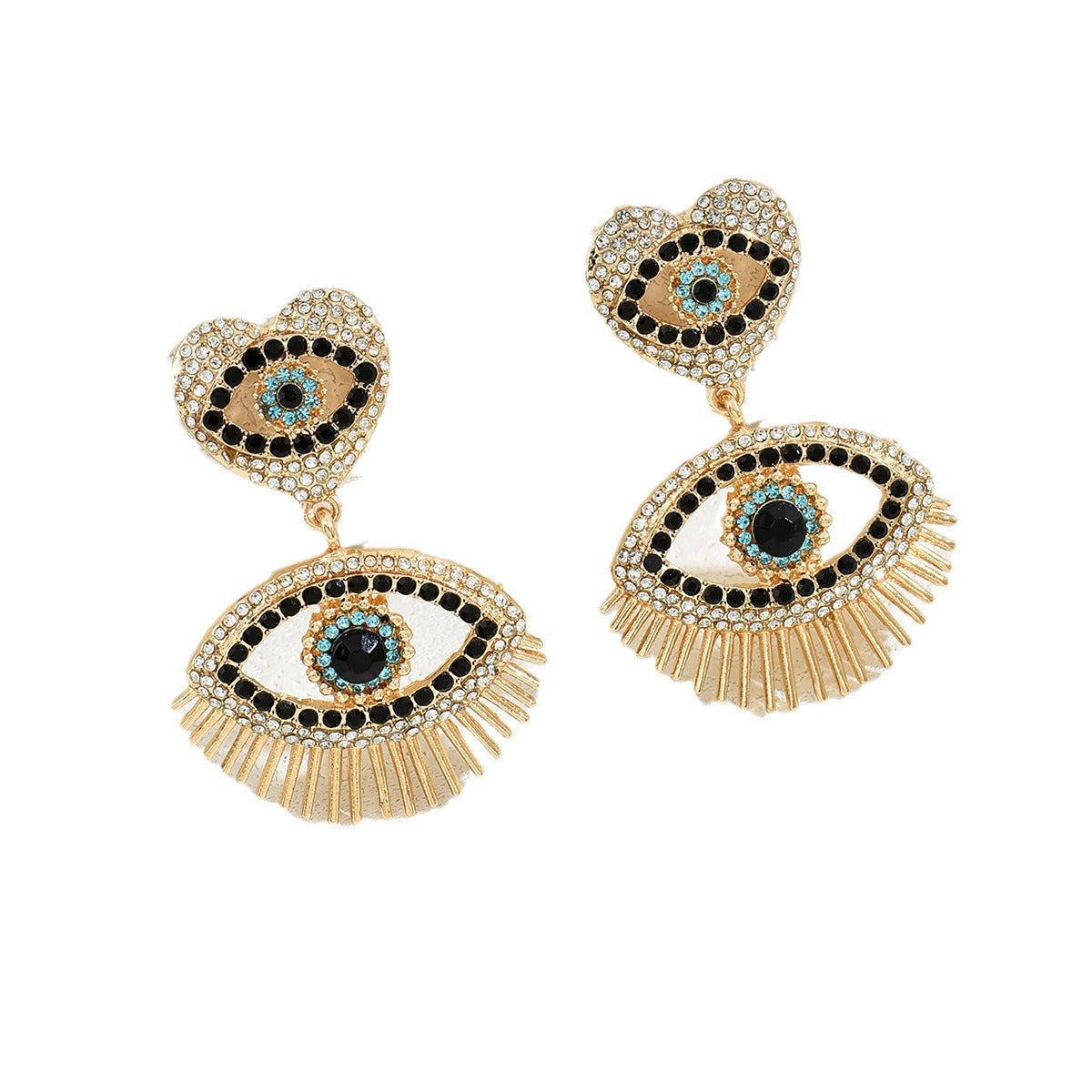 Gold heart angel eye stud earrings with turquoise center black rhinestones and fringe drop