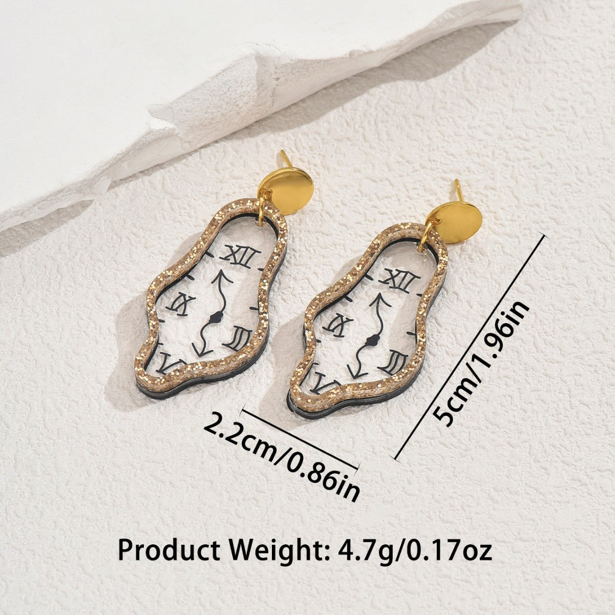 Gold melting clock dangle earrings with glitter border and Roman numerals irregular design statement earrings