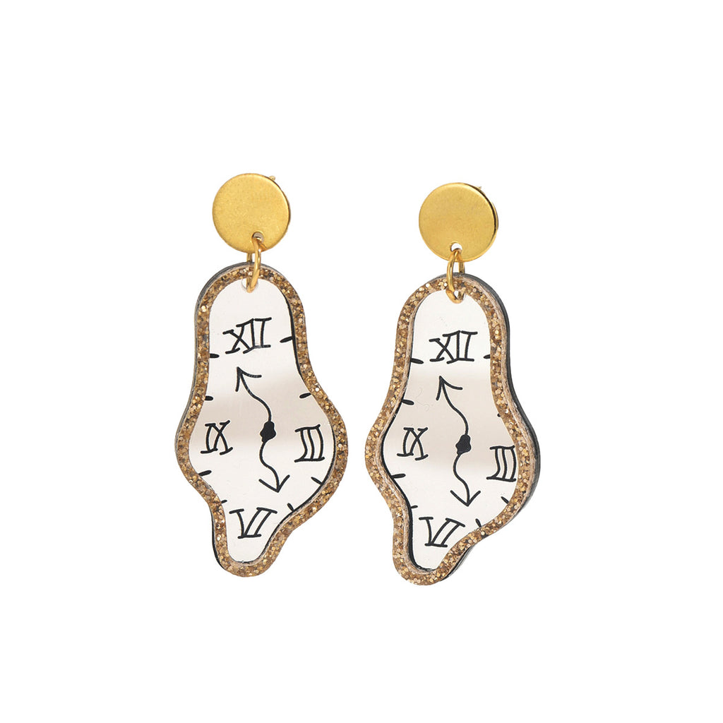 Gold stud earrings with white clock face drops Roman numerals and glitter edge irregular design statement earrings