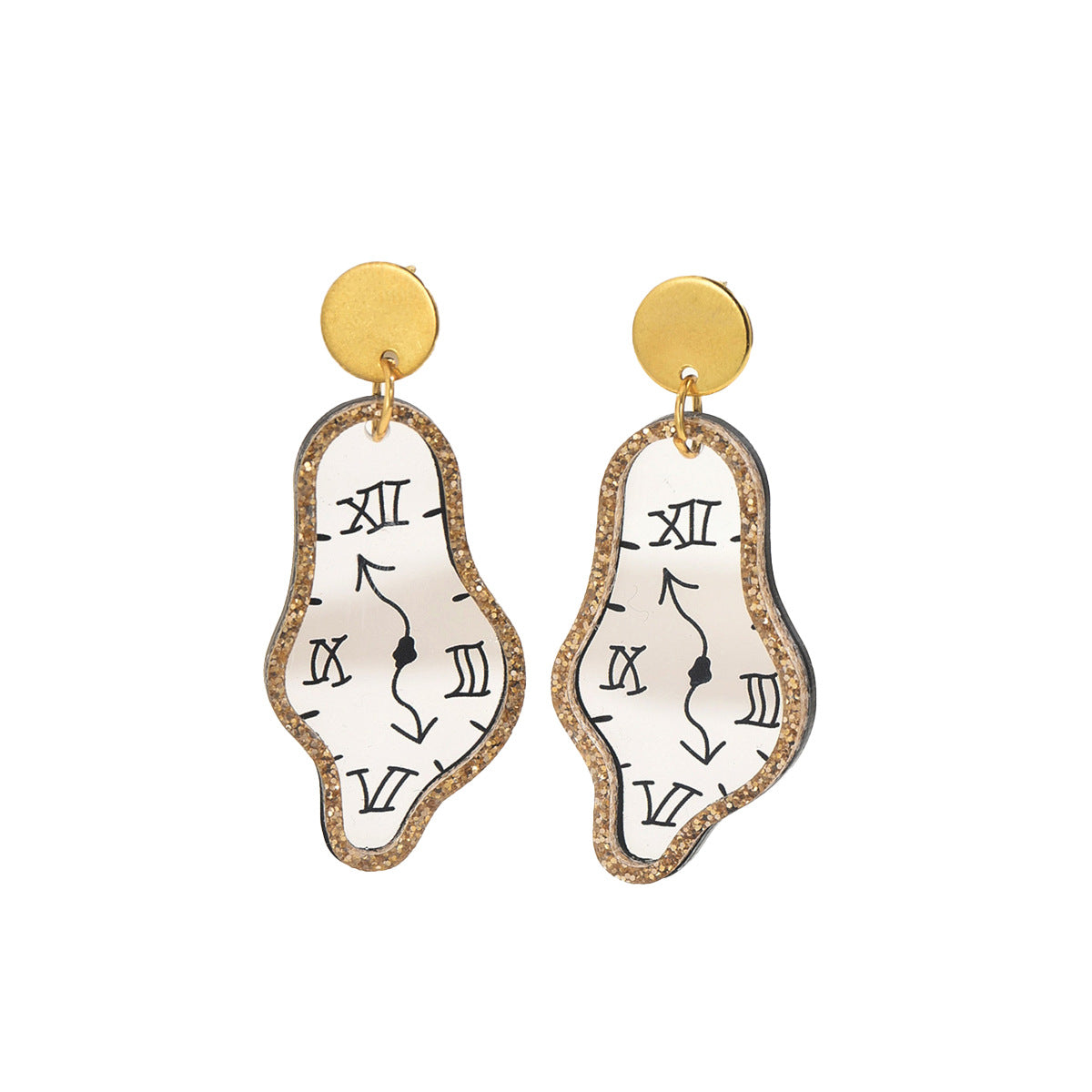 Gold stud earrings with white clock face drops Roman numerals and glitter edge irregular design statement earrings