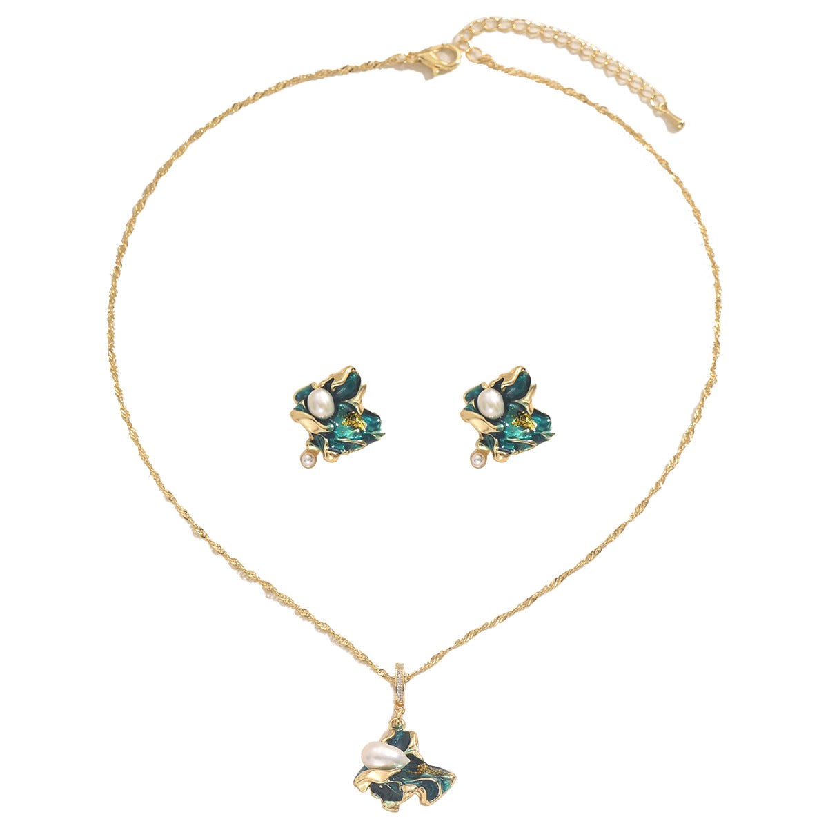 Gold chain necklace and matching earrings with green enamel leaves and pearls lake shaped pearl jewelry set