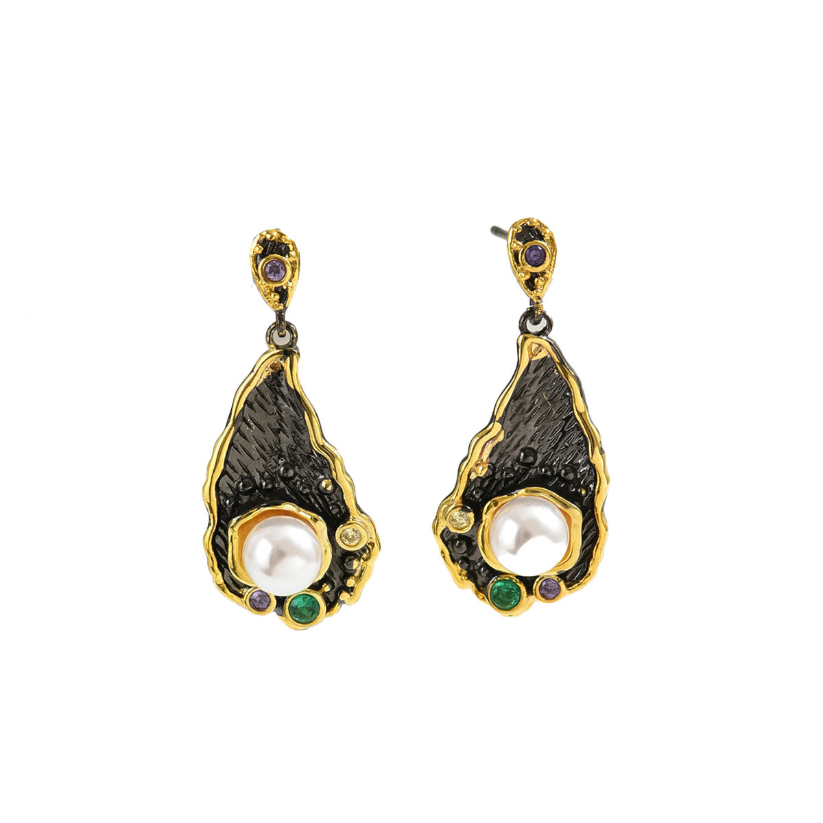 Pair of gold teardrop dangle earrings with pearl and multicolor gems on oxidized textured metal zircon statement earrings