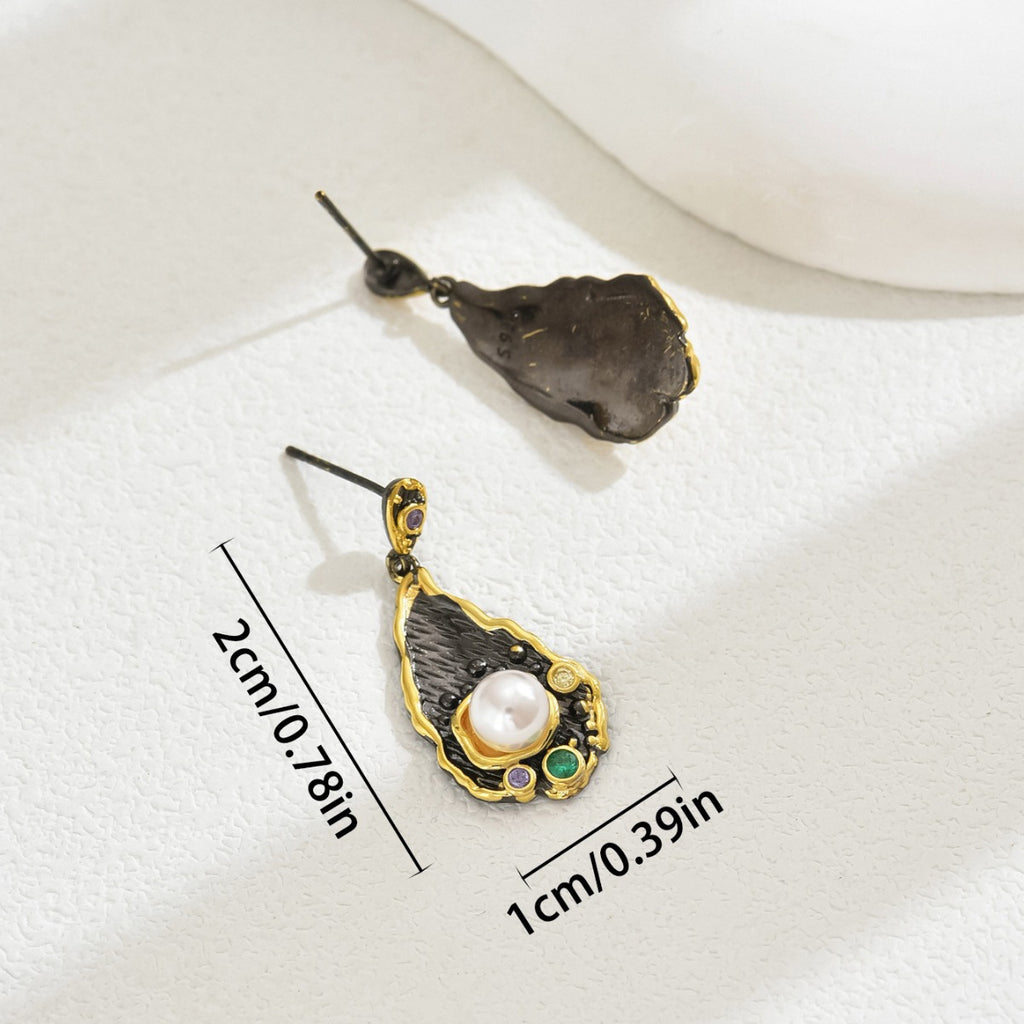 Antique gold trimmed teardrop earrings with pearl and colored stones 2 cm by 1 cm size zircon statement earrings