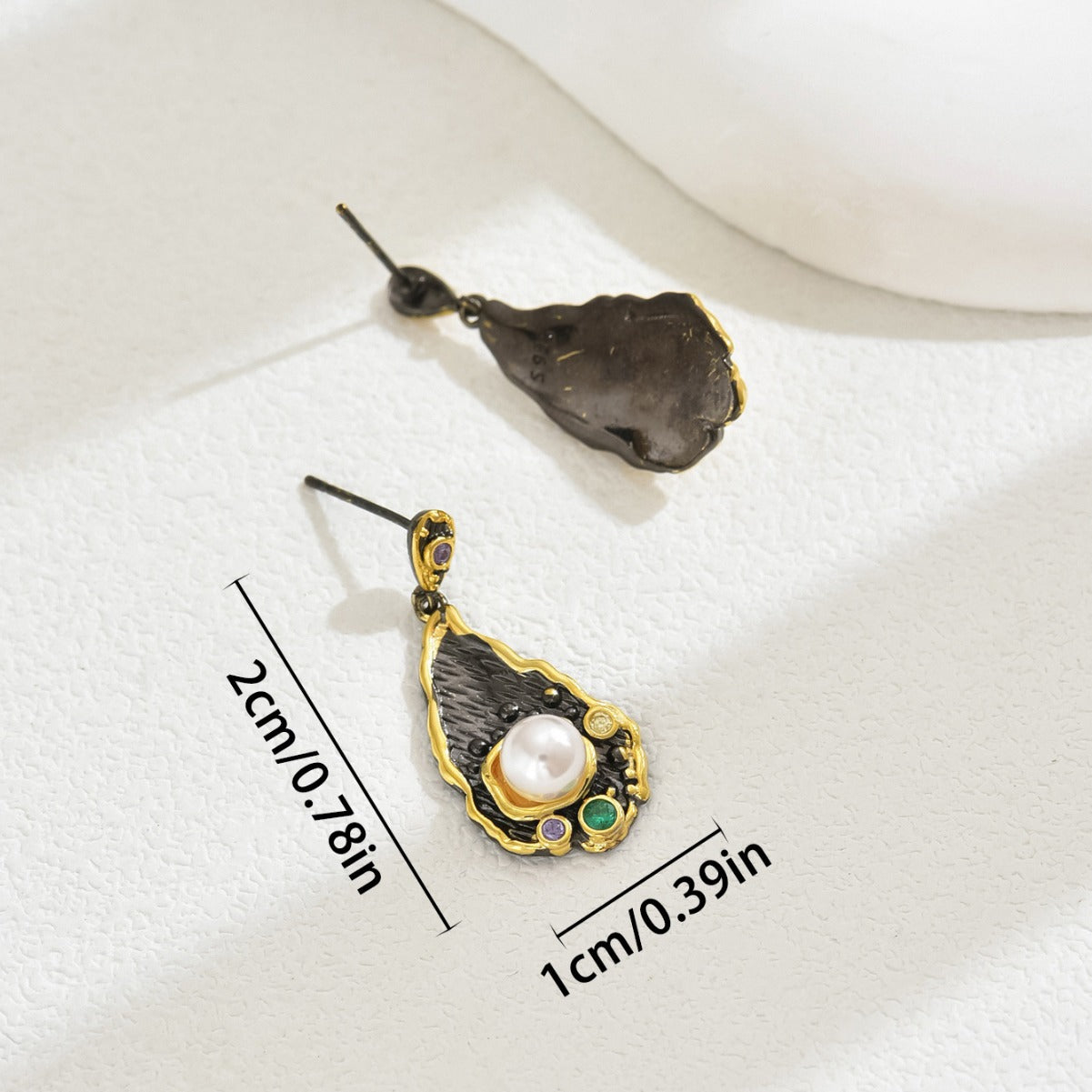 Antique gold trimmed teardrop earrings with pearl and colored stones 2 cm by 1 cm size zircon statement earrings