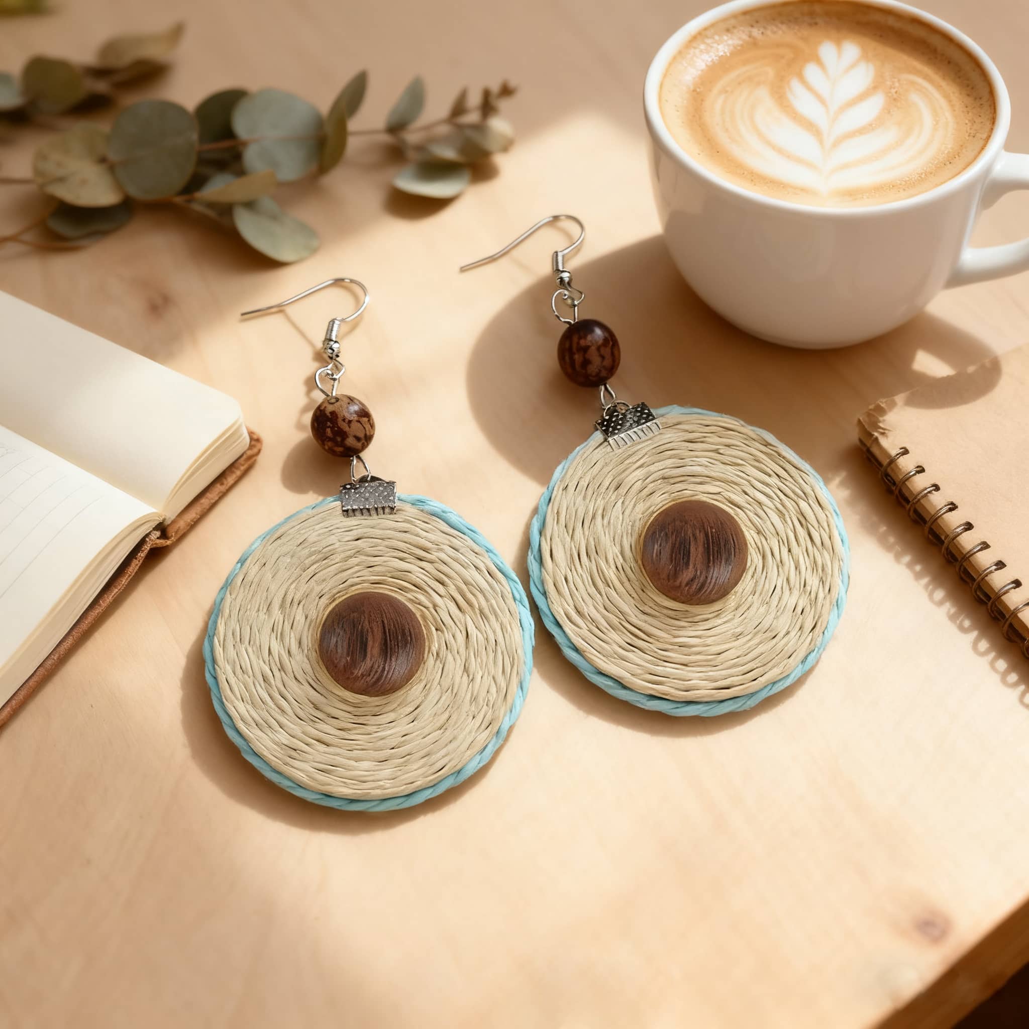 Handcrafted bamboo mandala earrings with wood bead accents on a cozy table setting