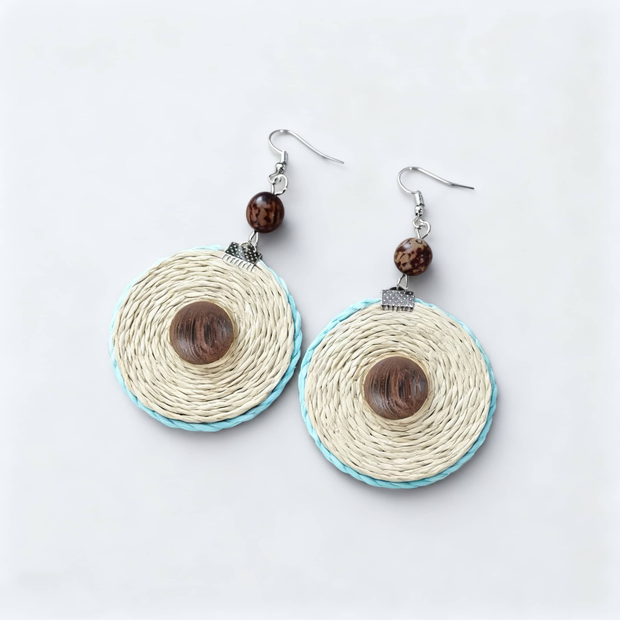 5 Senses bamboo mandala earrings with woven details and natural wood beads for a stylish look