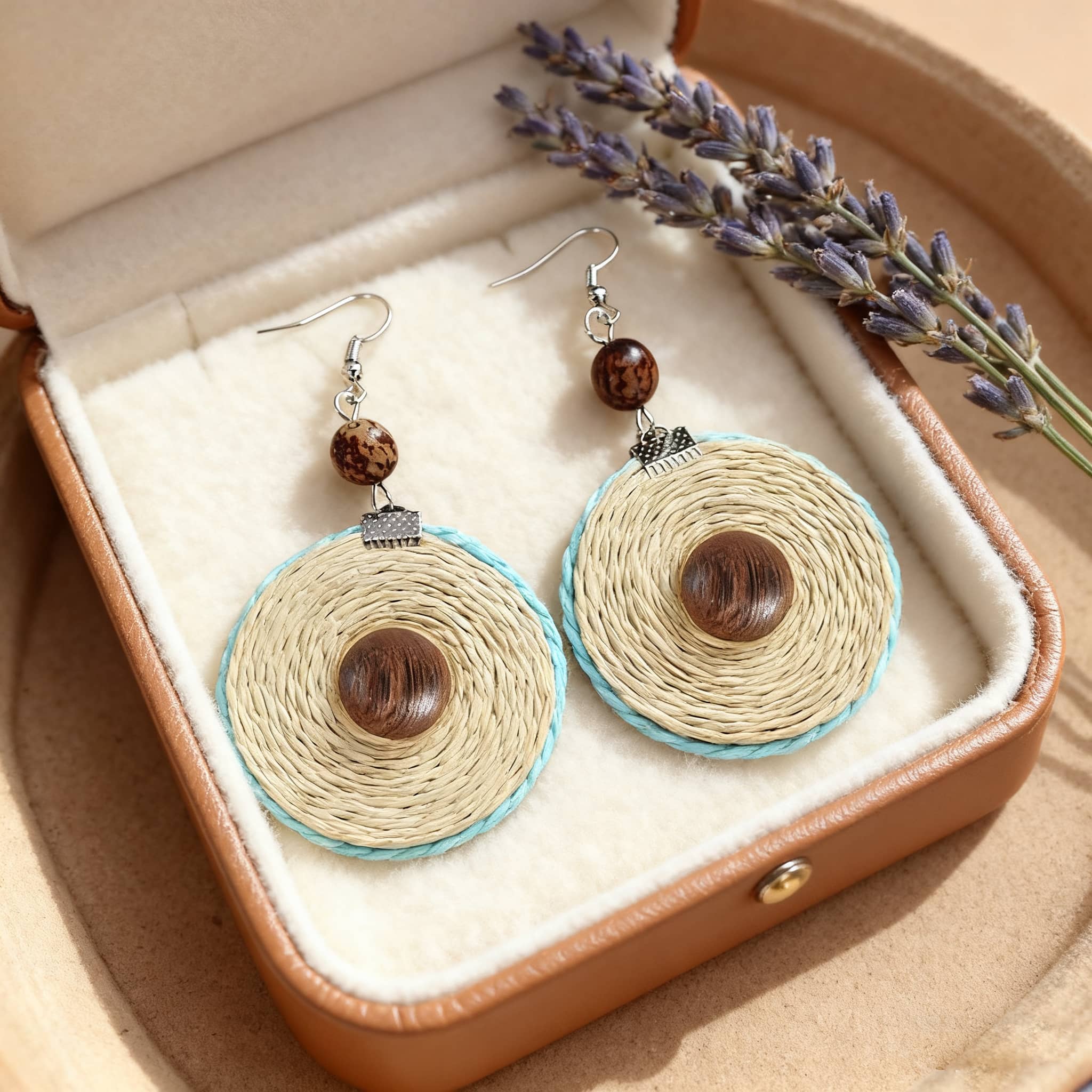 5 Senses bamboo mandala earrings with natural woven design and wooden accents for a boho style