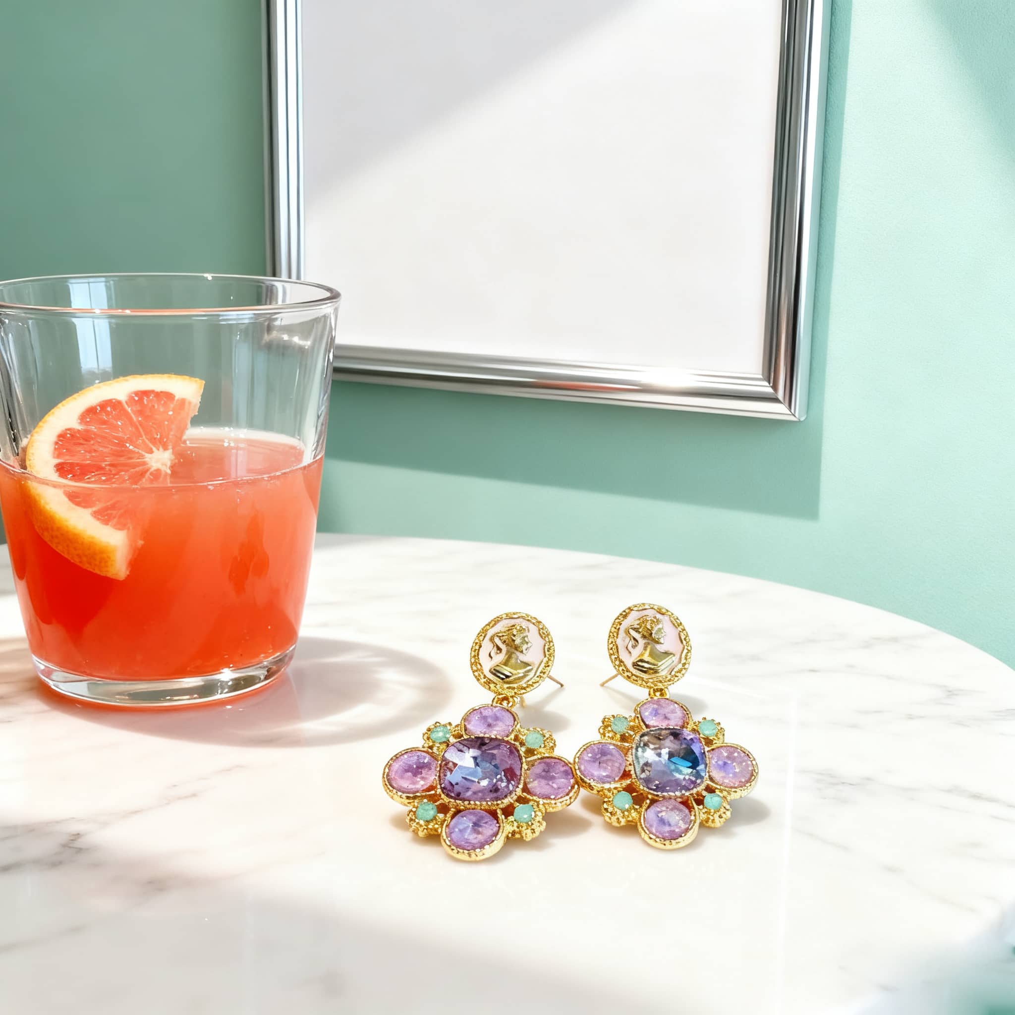 Baroque cameo floral earrings in gold with colorful gemstones, perfect for elegant style.
