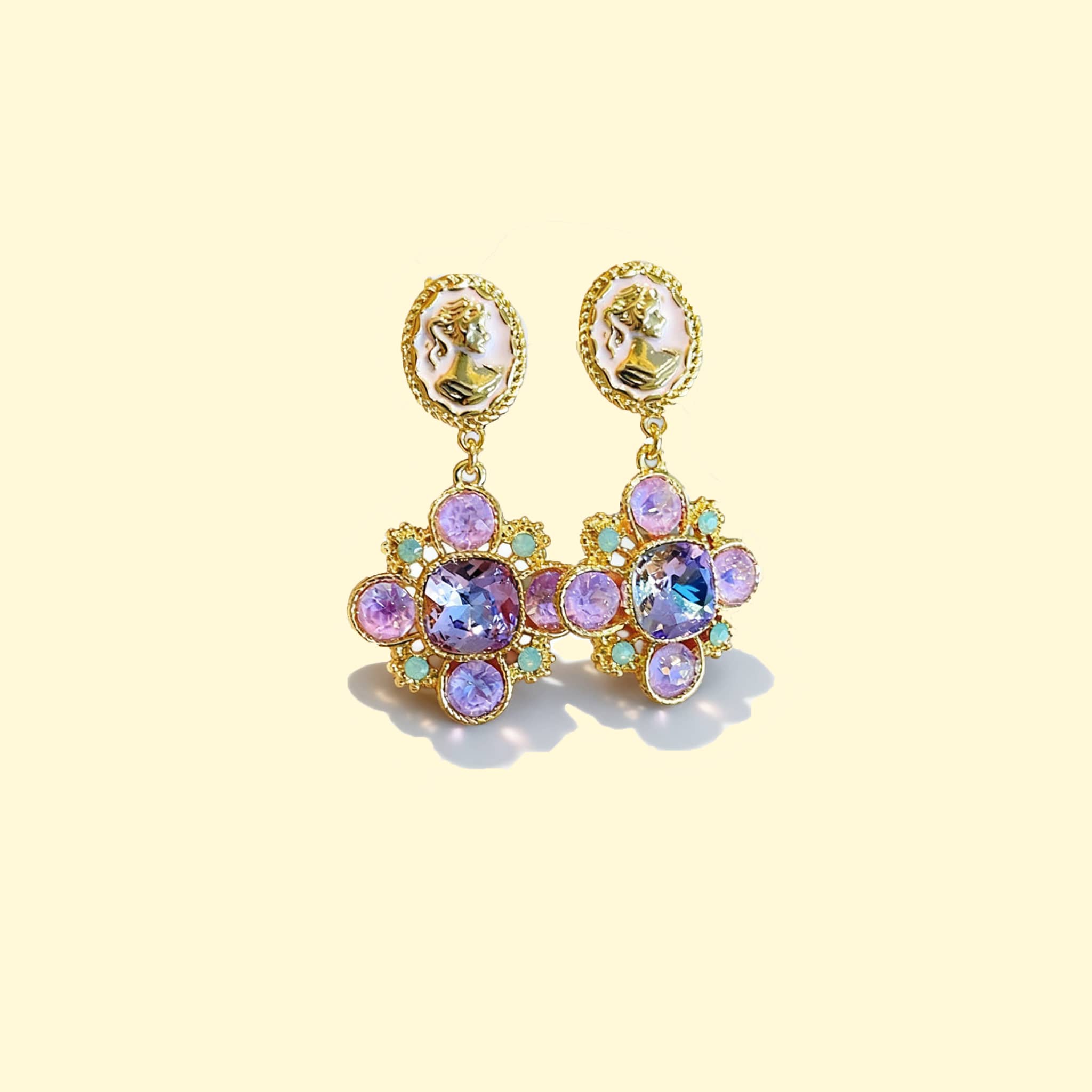 Elegant baroque cameo floral earrings with pastel gemstones and intricate gold detailing
