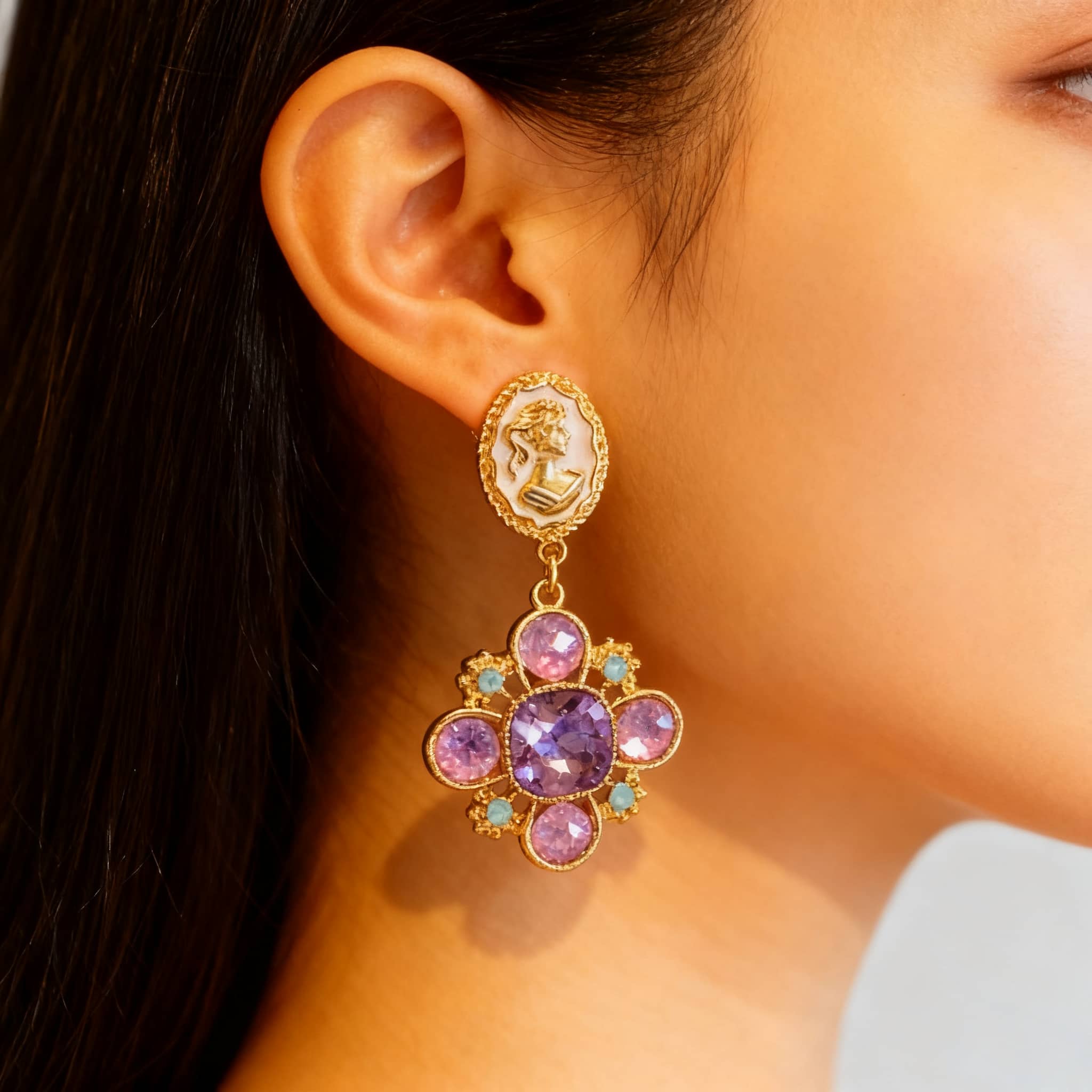 Stunning baroque cameo floral earrings featuring ornate detailing and colorful gemstones