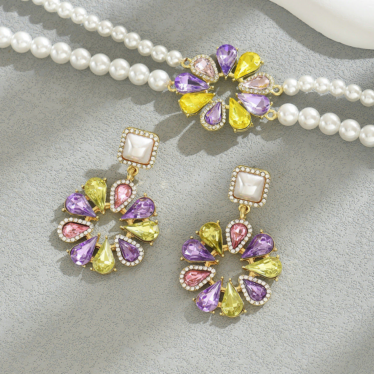 colorful zircon flower pearl jewelry set with multicolor teardrop stones pearl choker and matching floral earrings