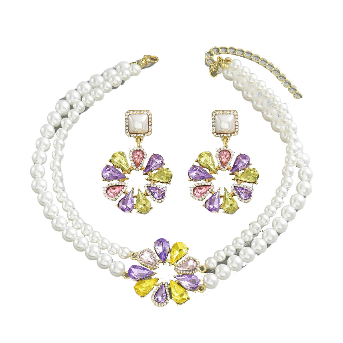 Double strand pearl necklace and matching earrings colorful zircon flower pearl jewelry set with multicolor flower pendants