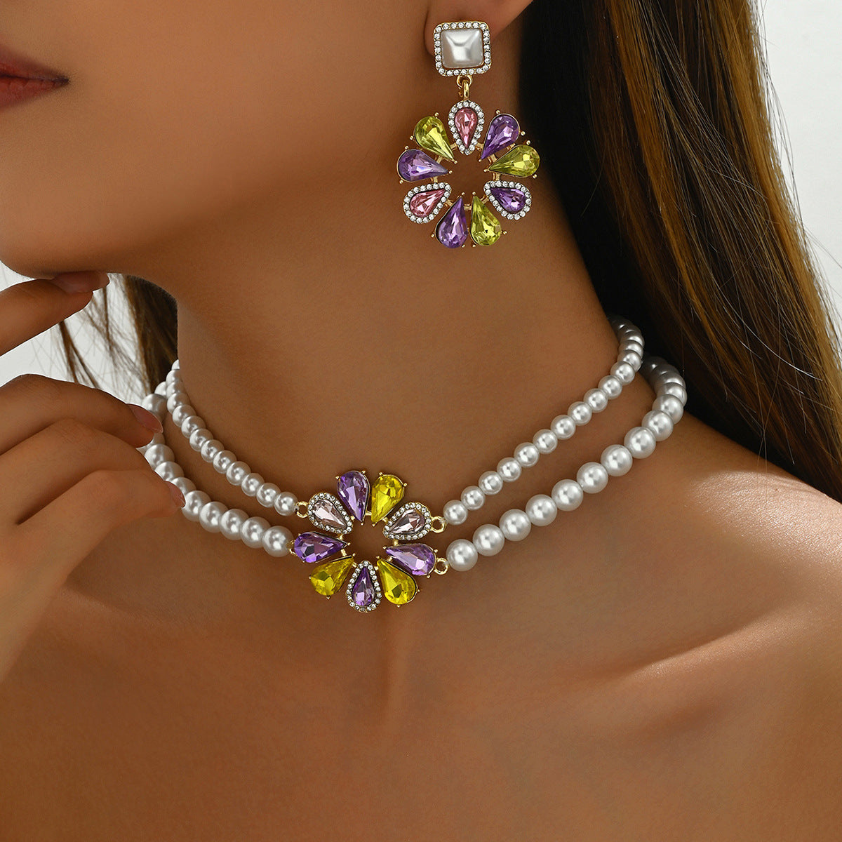 Double strand white pearl choker with multicolor zircon flower pendant and earring colorful zircon flower pearl jewelry set