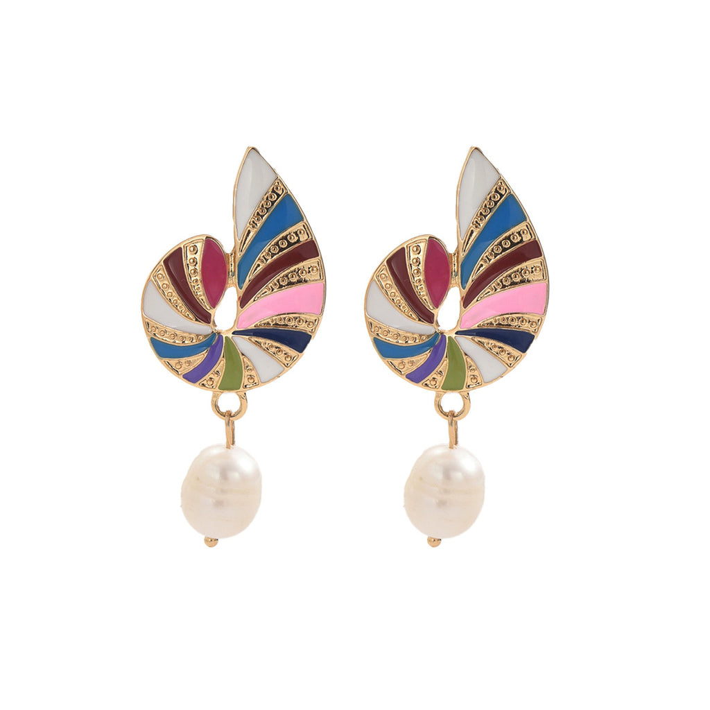 Pair of Joy earrings with multicolor enamel fan design gold trim and pearl drop joyful enamel jewelry gift