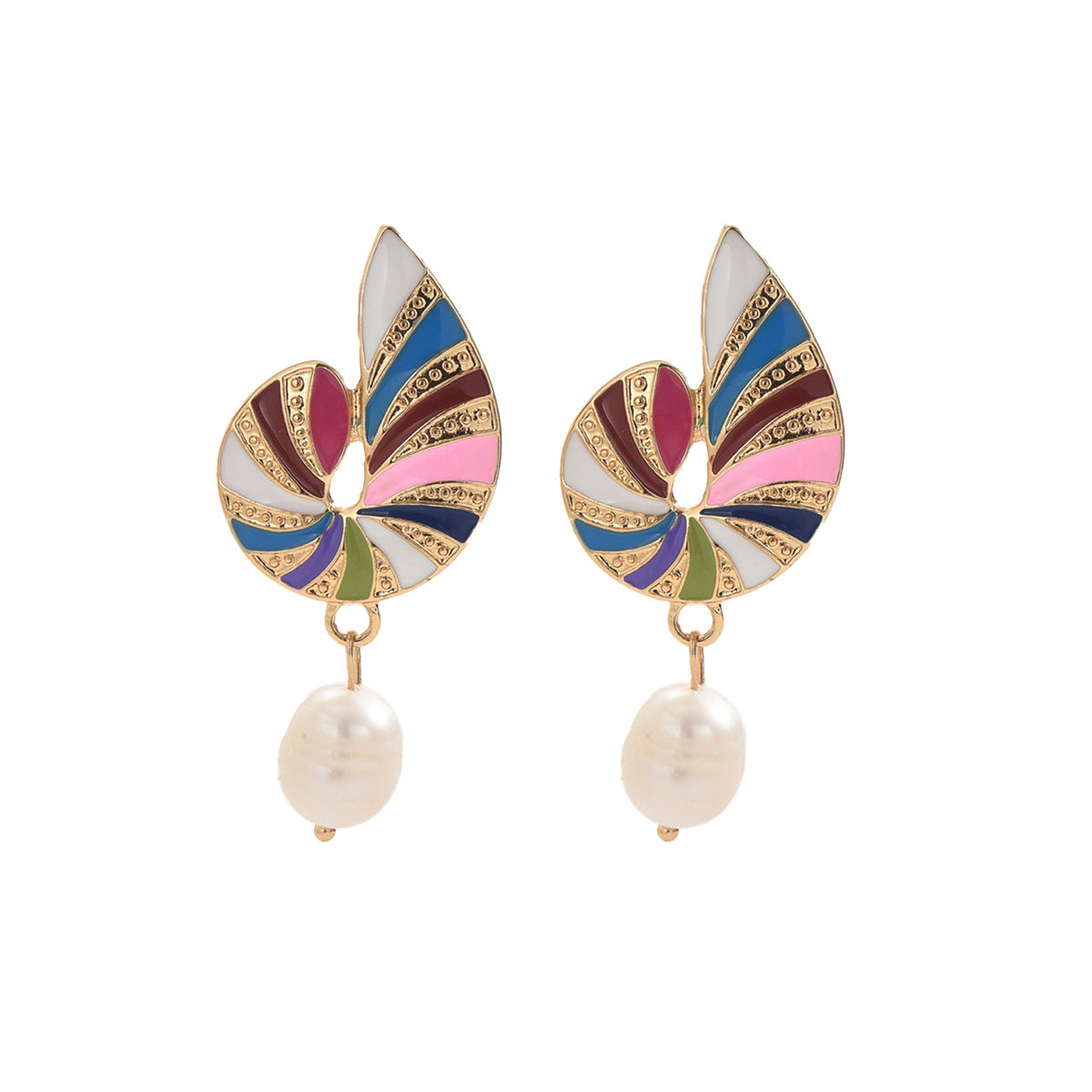 Pair of Joy earrings with multicolor enamel fan design gold trim and pearl drop joyful enamel jewelry gift