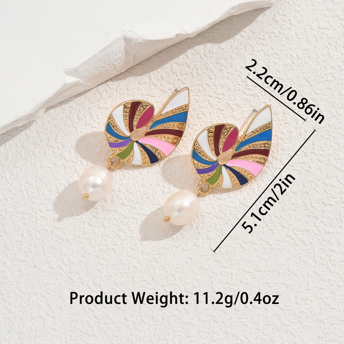 Colorful swirl enamel drop earrings with dangling pearl and gold trim ideal joyful enamel jewelry gift